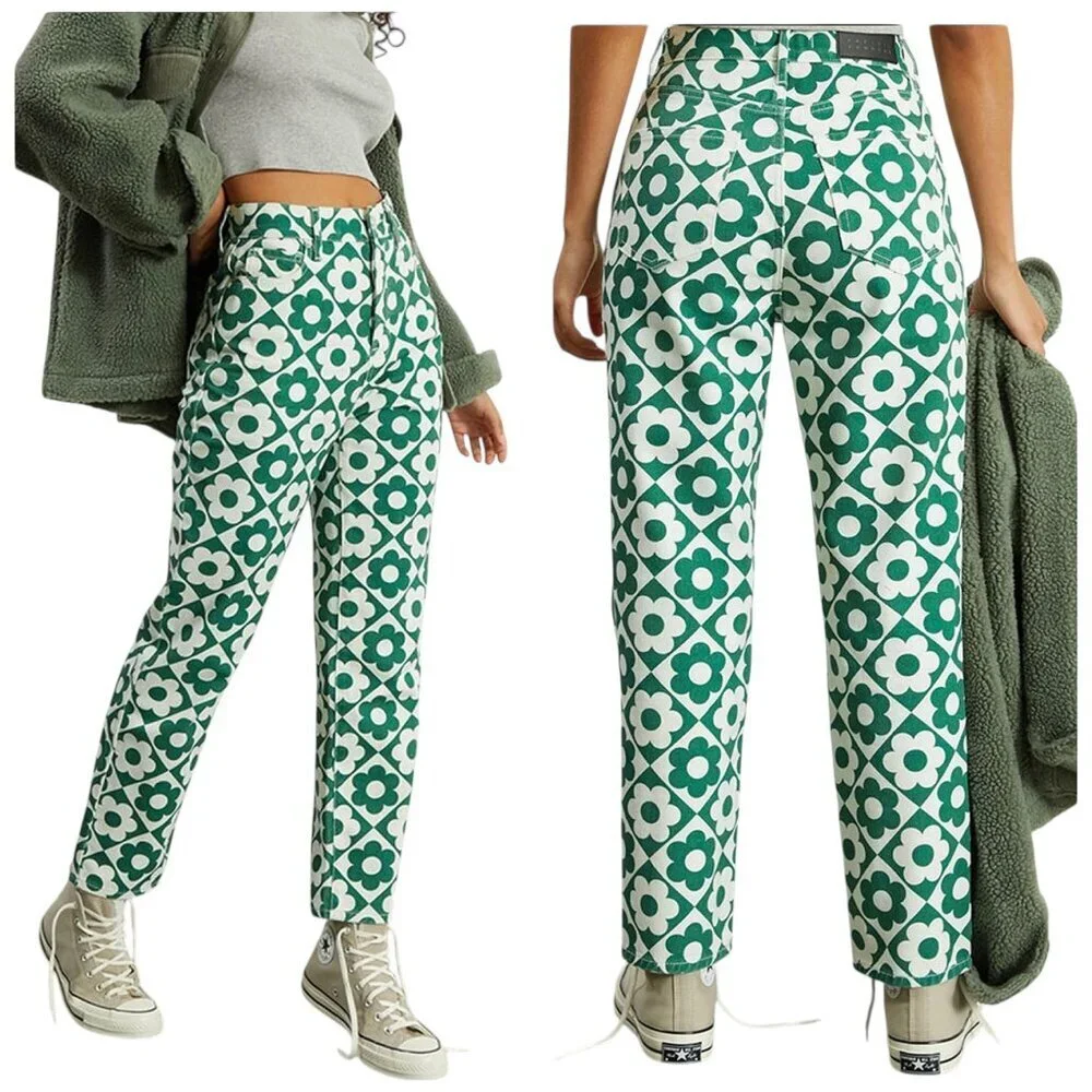 PacSun Green White Daisy High Rise Straight Leg Jeans Size 23